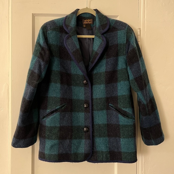 Vintage 90s Eddie Bauer wool plaid check lined blazer coat jacket blue green - Picture 8 of 8